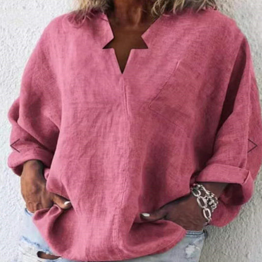 Solid Color Cotton And Linen Plus Size Long Sleeve Pullover Urban Leisure Mid-length V-neck Shirt