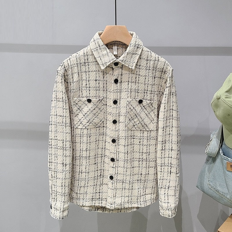 Design Plaid Tweed Long-sleeved Shirt Jacket For Men