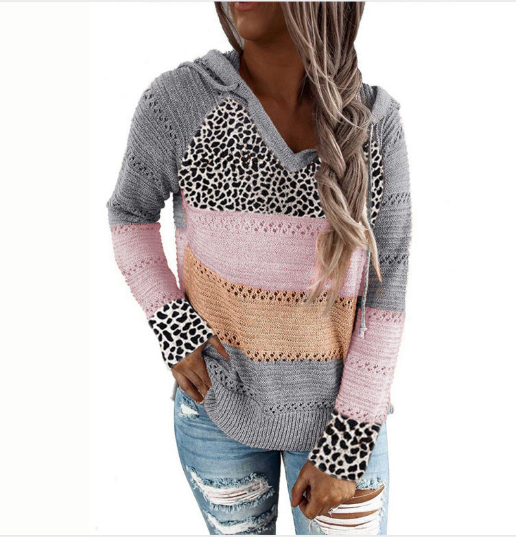 Women's Striped Loose V-neck Hooded Long-sleeve Sweater