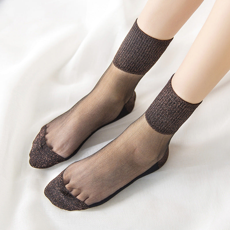 Spring And Summer Ultra-thin Women's Cotton Base Black Silk Transparent Mid-calf Socks