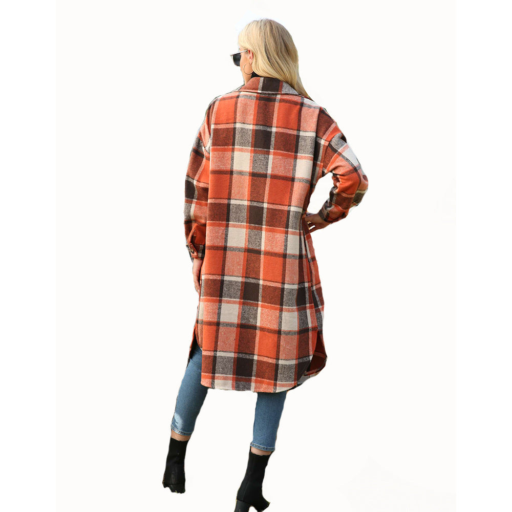 Plaid Woolen Shirt Jacket With Side Slit Lapel