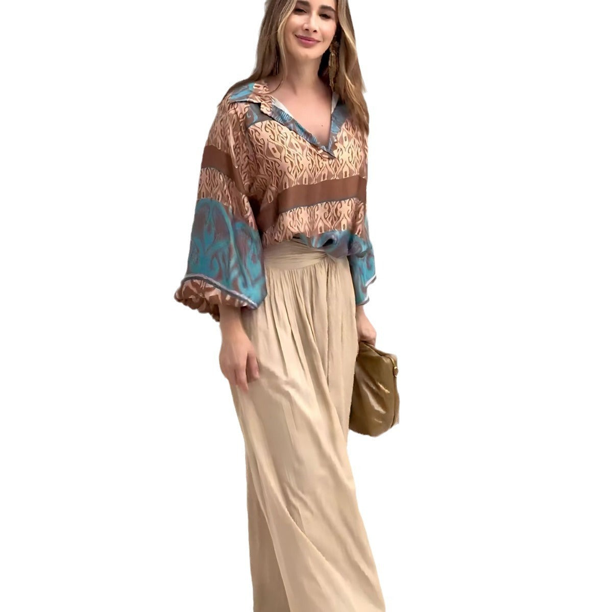 Positioning Printed Top Wide Leg Pants Two-piece Set