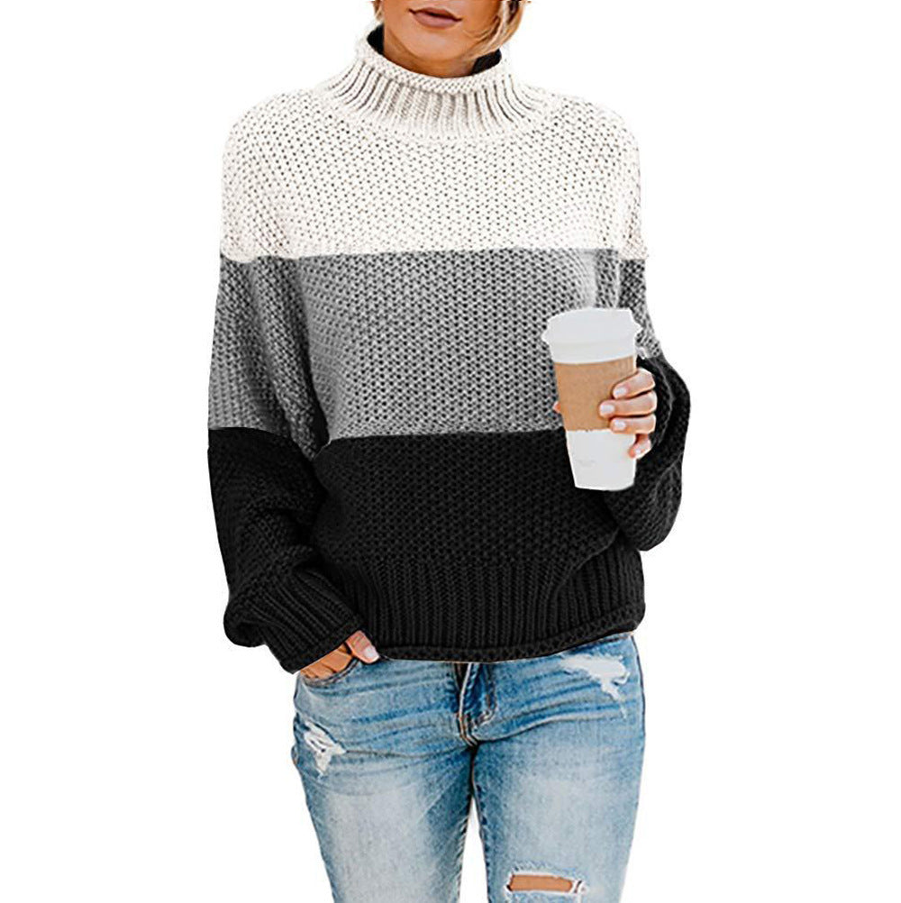 Thick Line Colorblock Turtleneck Pullover Sweater