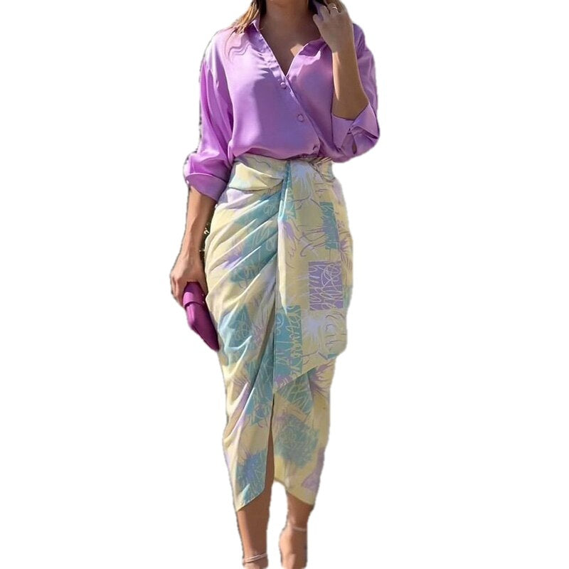 Summer Women's V-neck Loose Shirt Top And Skirt Two-piece Set