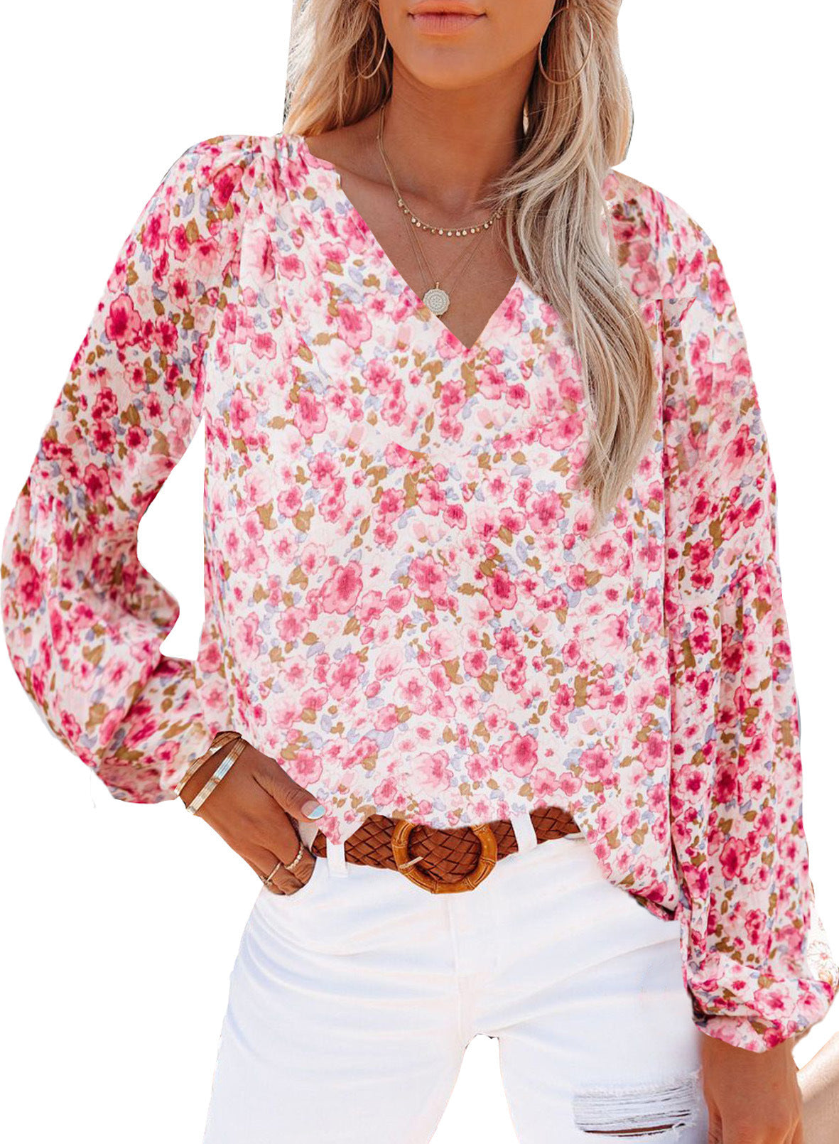 Lantern Sleeve Shirt Women Floral Print Chiffon Shirt