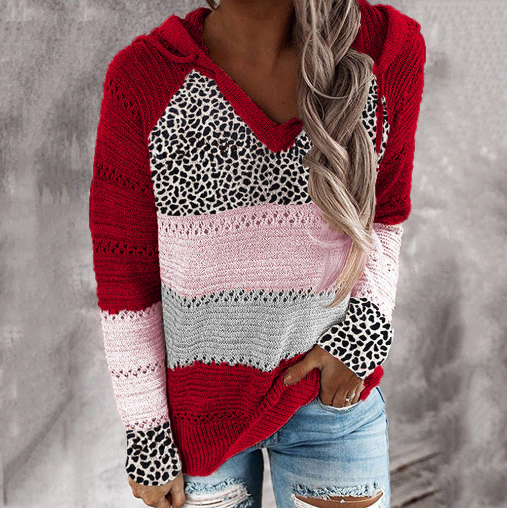 Women's Striped Loose V-neck Hooded Long-sleeve Sweater