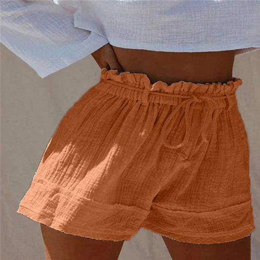 Solid Color Loose Pleated Elastic Belt High Waist Cotton And Linen Boho Shorts