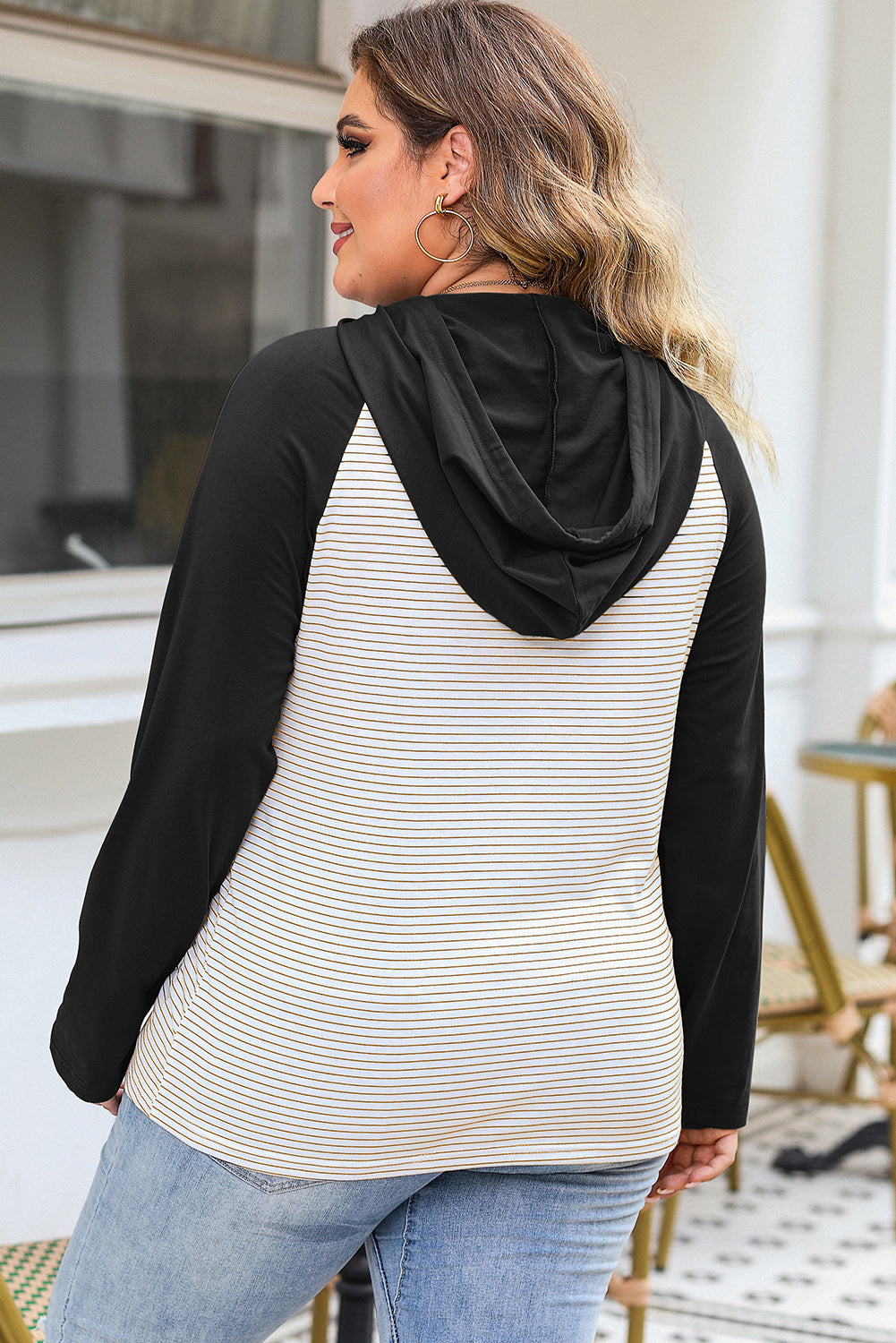 Black Striped Raglan Sleeve Buttoned Pocket Plus Size Hoodie