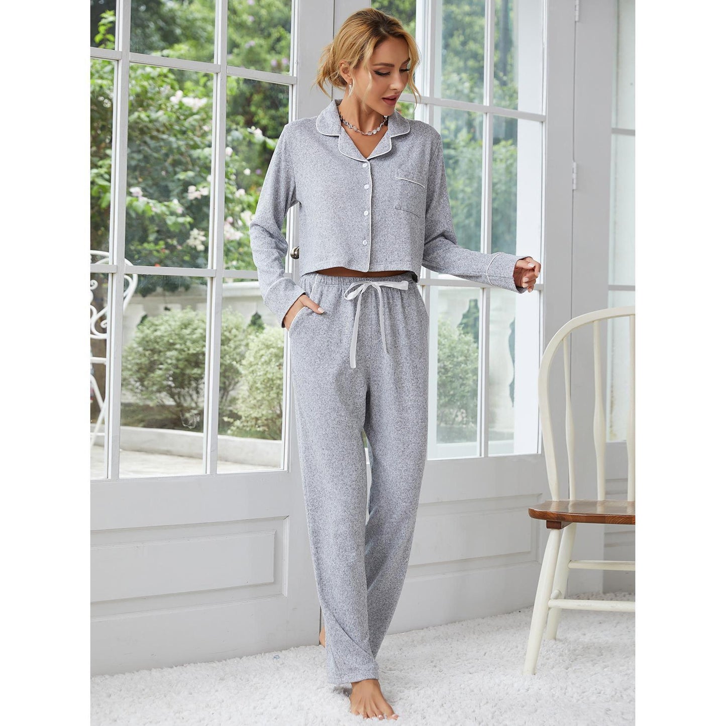 Women's Thickened Long-sleeved Cardigan Trousers Two-piece Set