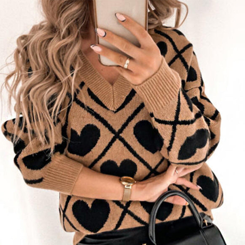 V-neck Pullover Love Knit Sweater Foreign Trade Casual Sweater Women