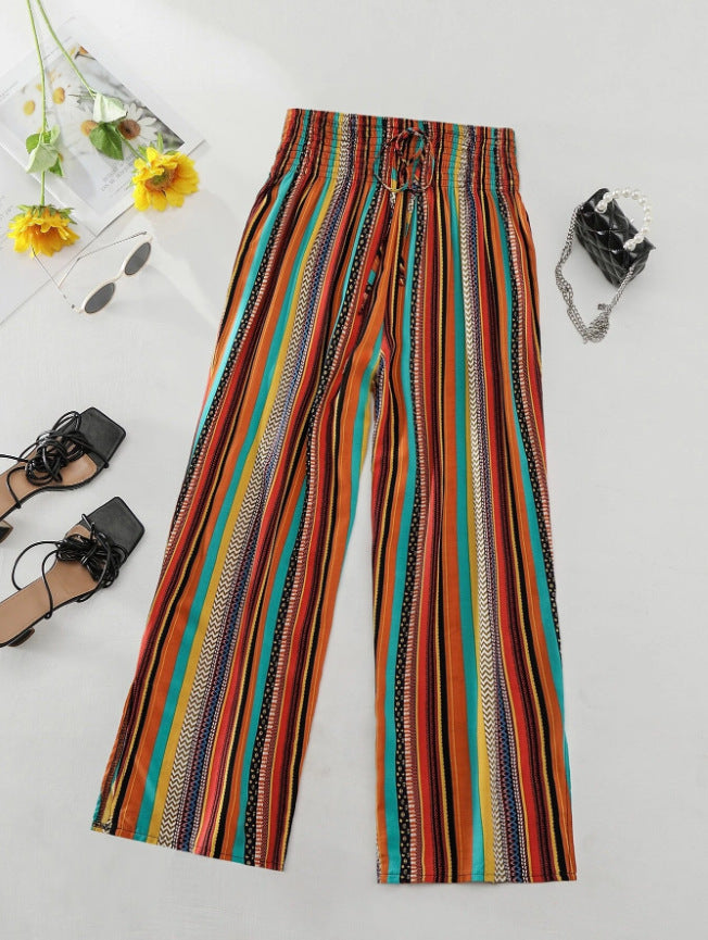 Multi-color Stripe Women's Casual Pants Tied Elastic Waist