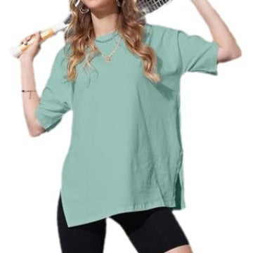 Women's Solid Color Split Short-sleeved T-shirt Round Neck Loose Top