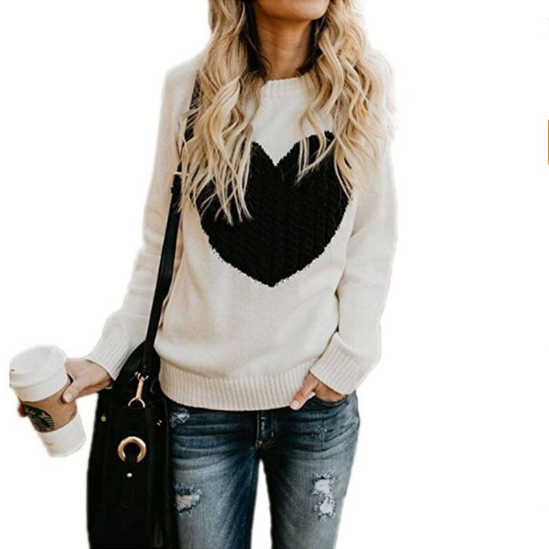 Autumn Winter Women Sweaters Heart Pattern Printed Long Sleeve Tops O-Neck Lovely Pullovers Knitted Loose Sweaters Tops