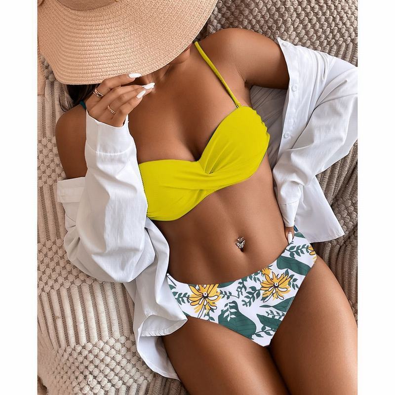 Women's Floral High Waist Tube Top Bikini Split Swimsuit