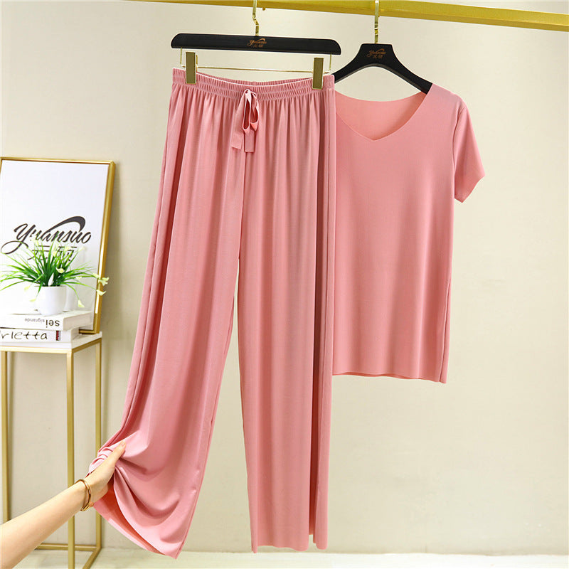 Women's Summer Ice Silk Pajamas Short Sleeve Suit