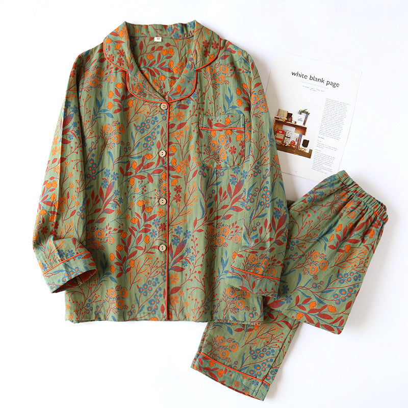 Cotton Yarn-dyed Jacquard Vintage Leaf Pajamas Set Women