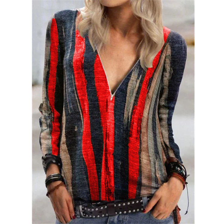 Tie-dye striped printed long-sleeved T-shirt V-neck zipper top women