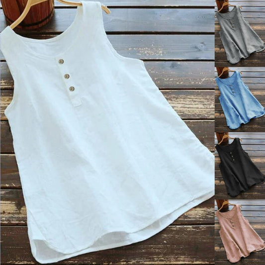 Solid Color Round Neck Loose Casual Vest Cotton Linen Shirt Women