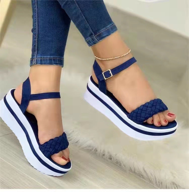 Weave Style Sandals Thick-bottomed Braided One Word Buckle Strap Shoes Women