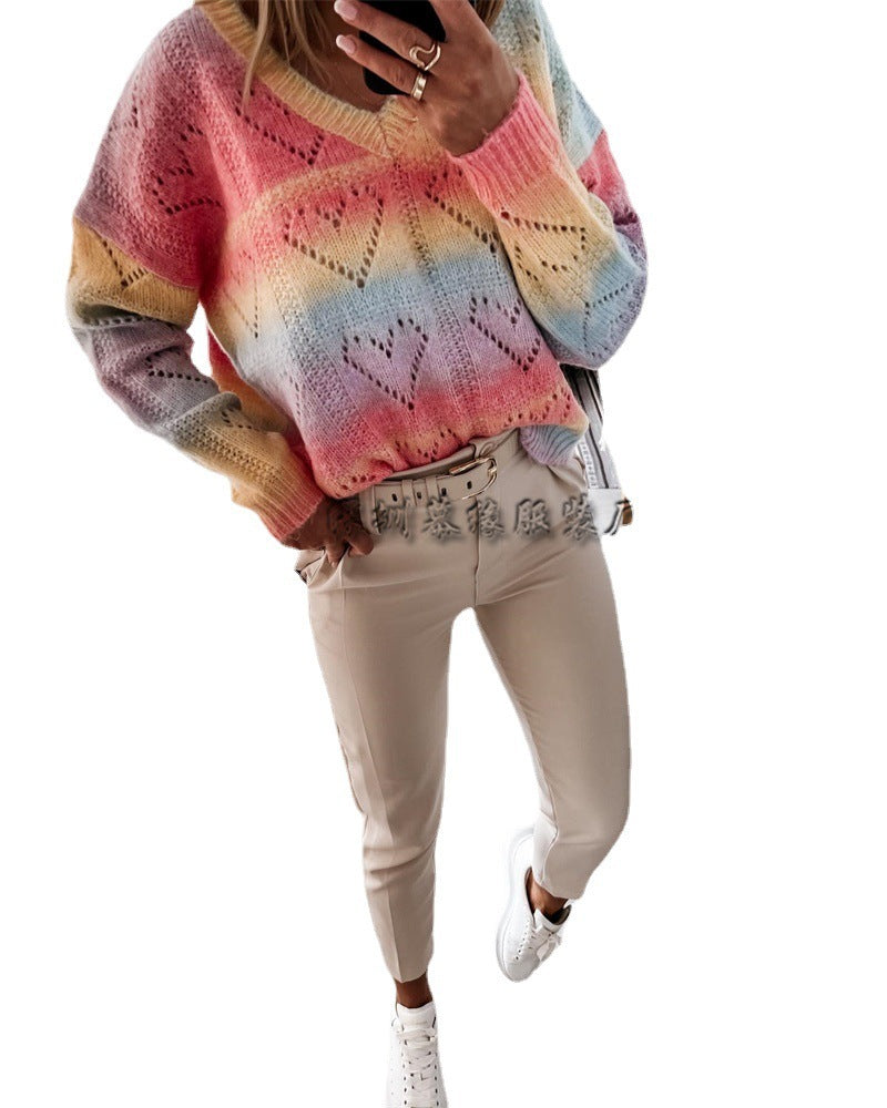 Printed Rainbow V-neck Pullover Women's Sweater