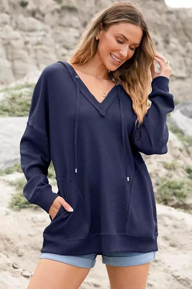 Women's V-neck Waffle Solid Color Long-sleeved Hoodie