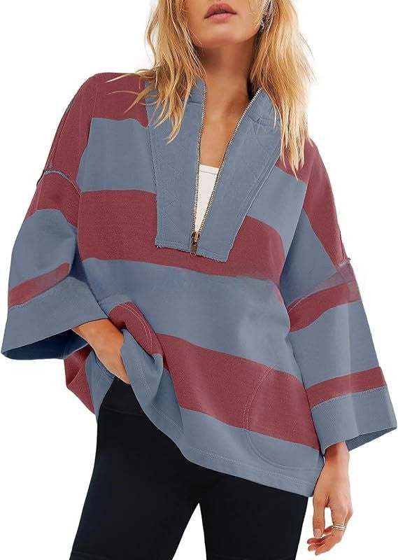 Women's Oversized Striped Shirt Half Zip Sweatshirt Color Matching