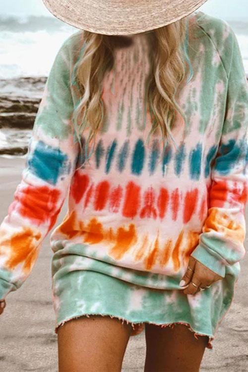 Tie-dye printed loose long-sleeved T-shirt dress