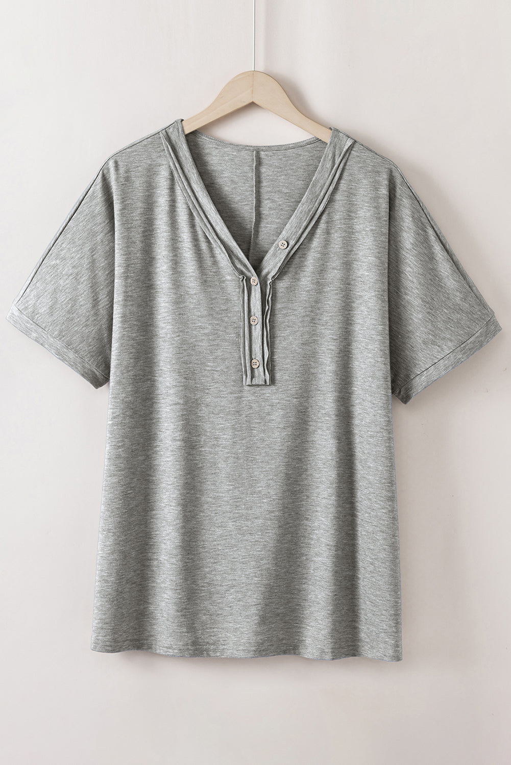 Gray Plus Size Buttoned V Neck Batwing Sleeve Top