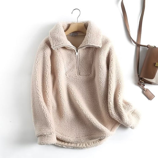 Women's Simple Casual Sweatshirt Zipper Collar Lamb Wool Loose Pullover Coat