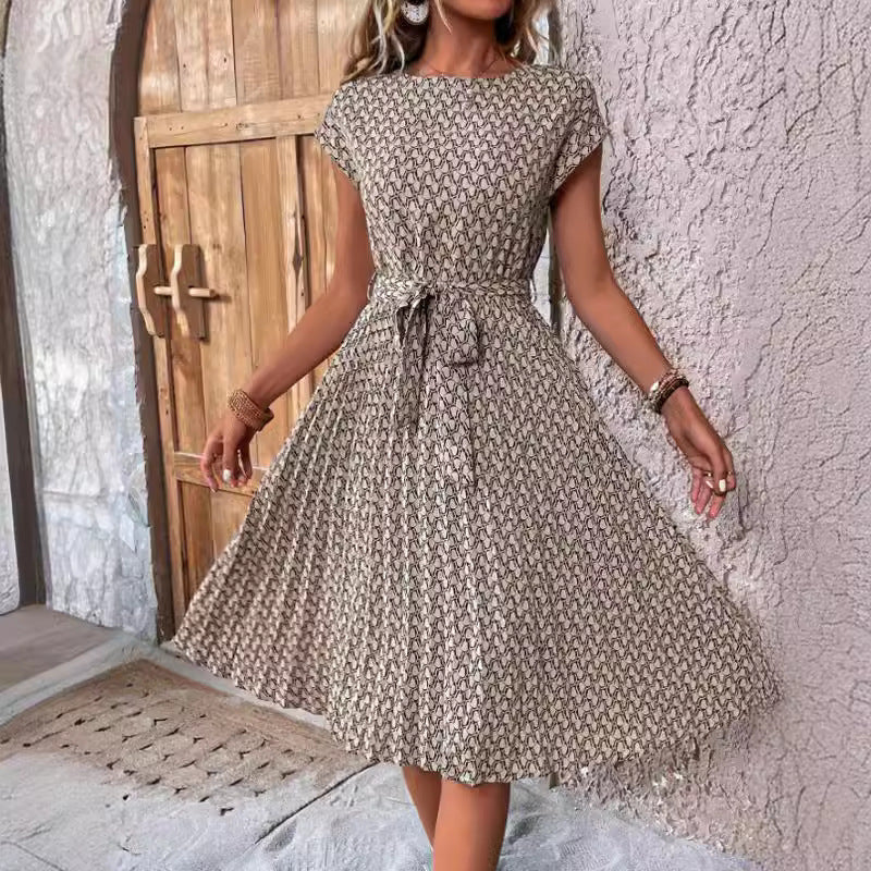 Summer Short Sleeve Lace-up Pleated Dress