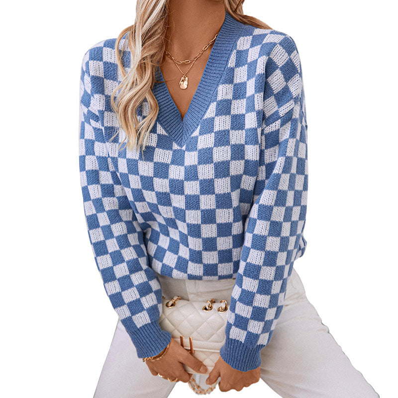 V-neck Sweater Loose Pullover Chessboard Plaid Color Matching Sweater