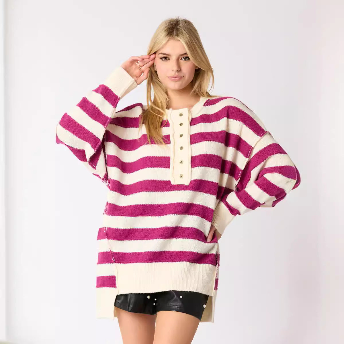 Loose Multicolor Knitted Sweater Long Sleeve Top For Women