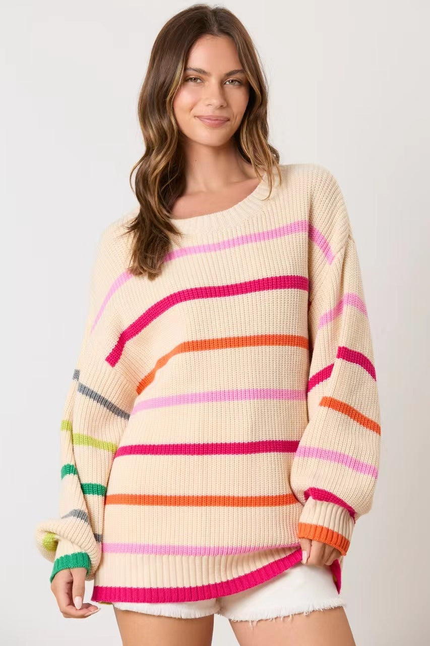 Contrast Color Striped Round Neck Top Long Sleeve Knitted Sweater