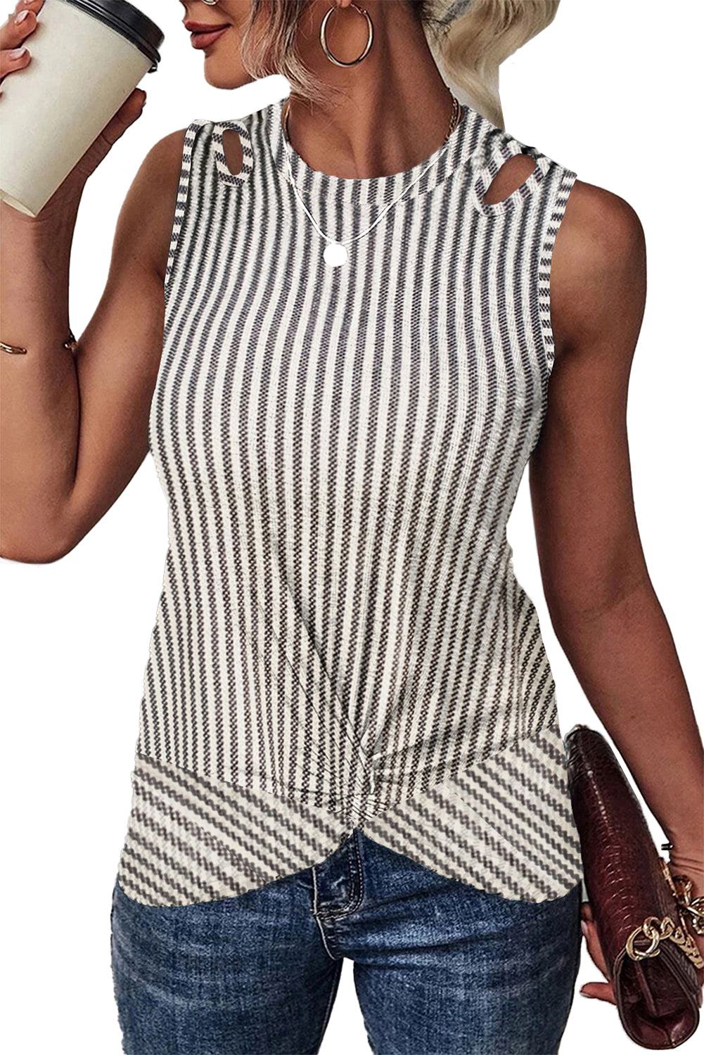 Gray Striped Cutout Twist Front Tank Top