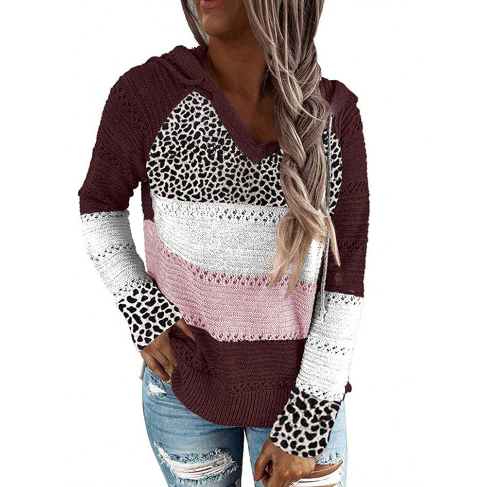 Women's Striped Loose V-neck Hooded Long-sleeve Sweater