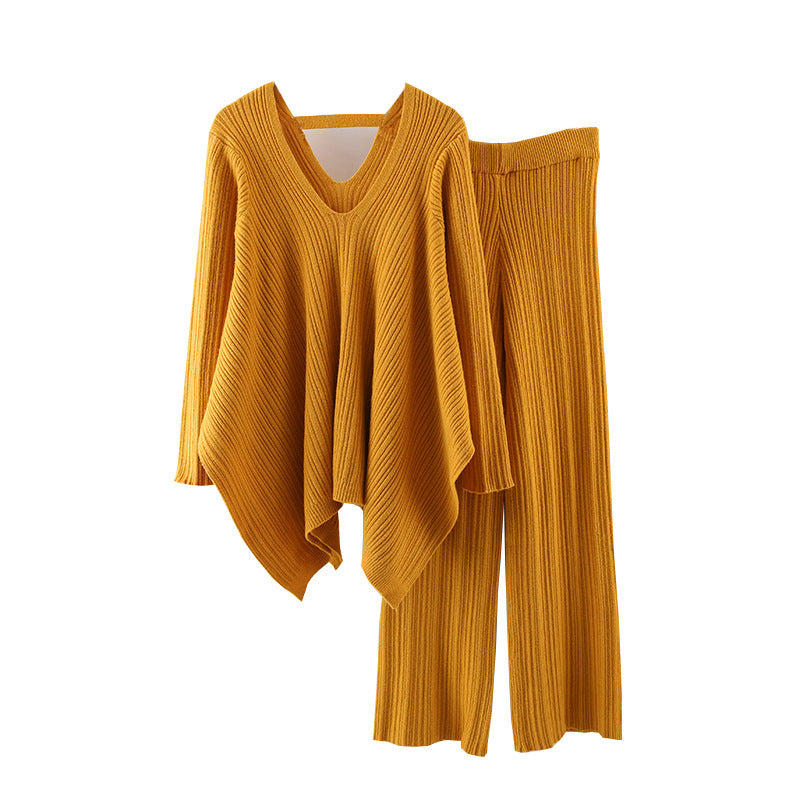 Autumn Fashionable Stylish Pleated Knitted Irregular V-neck Top Wide Leg Pants Sweater Suit