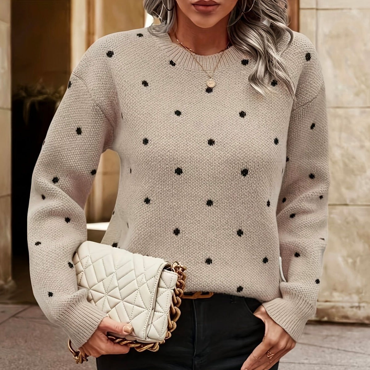 Fashion Polka Dot Round Neck Sweater