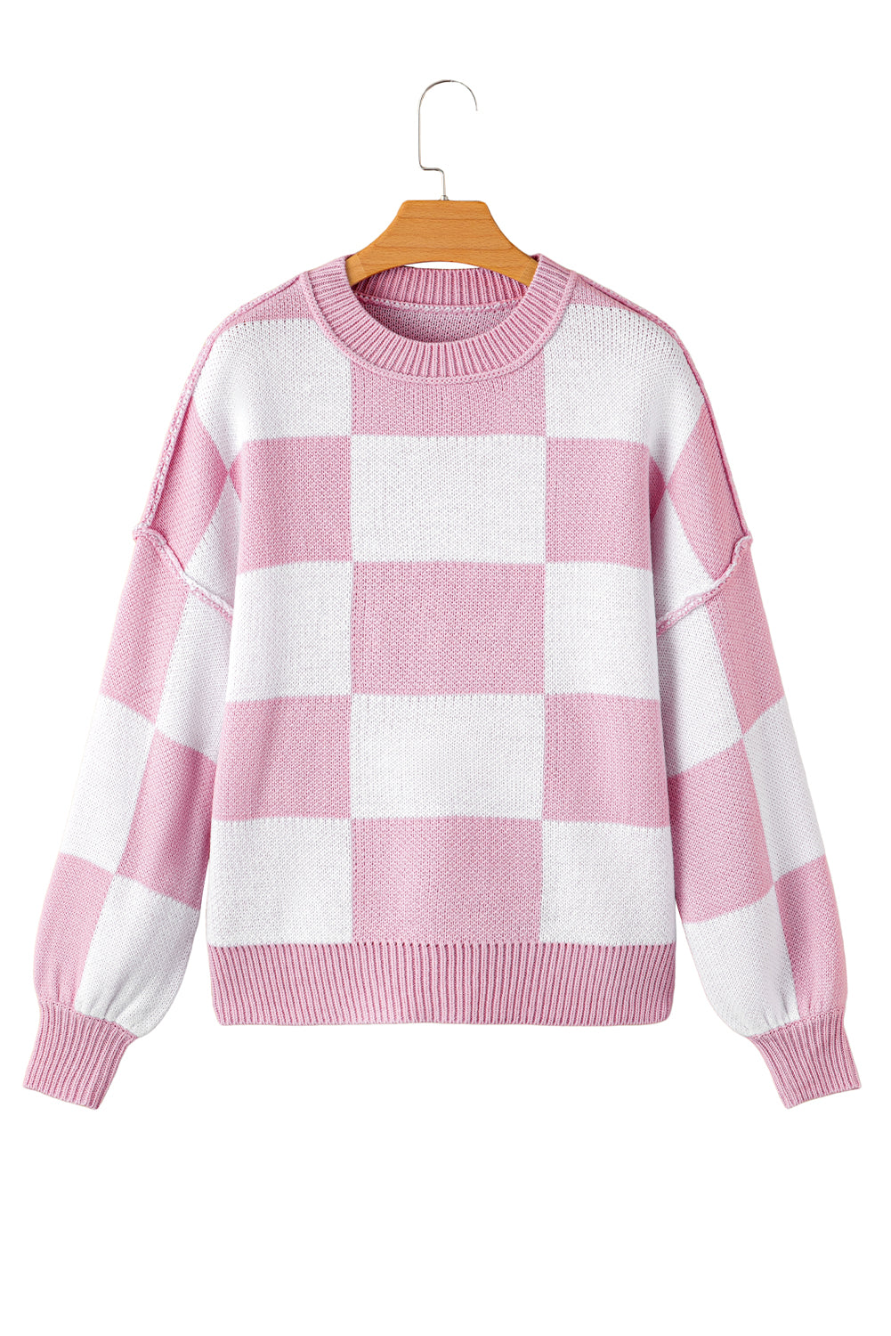 Pink Checkered Bishop Sleeve Sweater