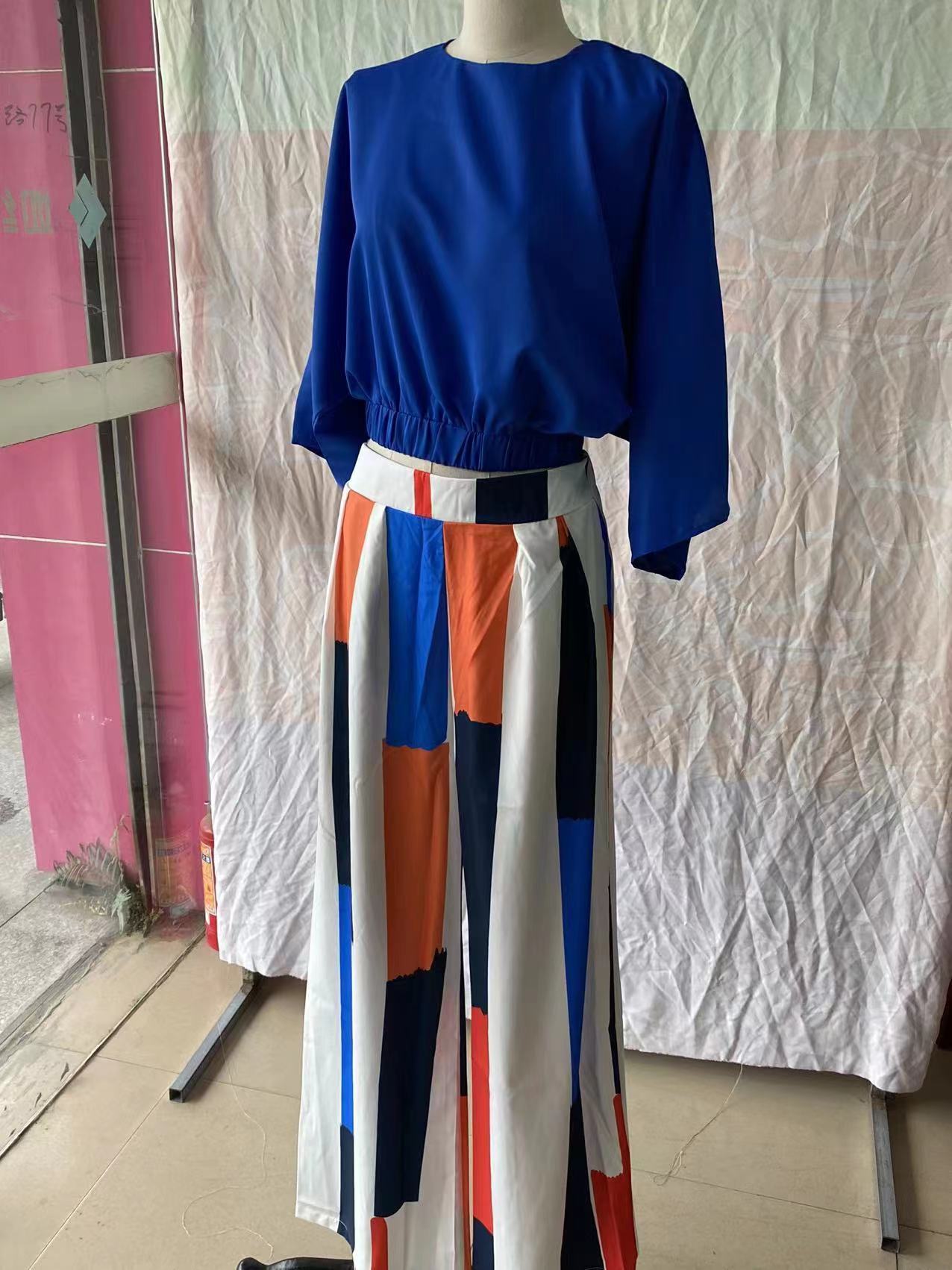 Blue Top High Waist Wide Leg Pants Suit