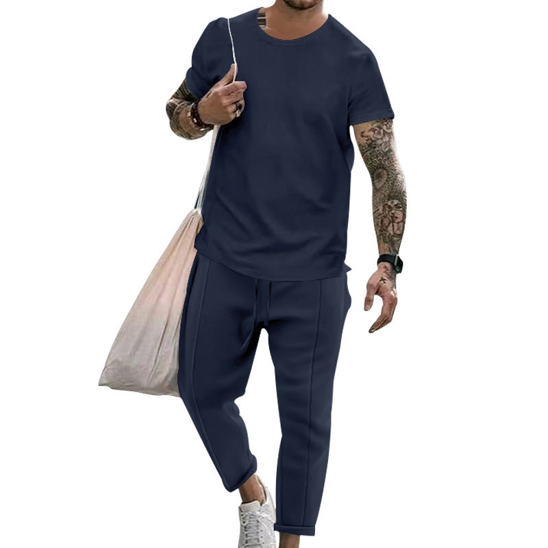 Round Neck Short Sleeve T-shirt Casual Fashion Men's Trousers Suit