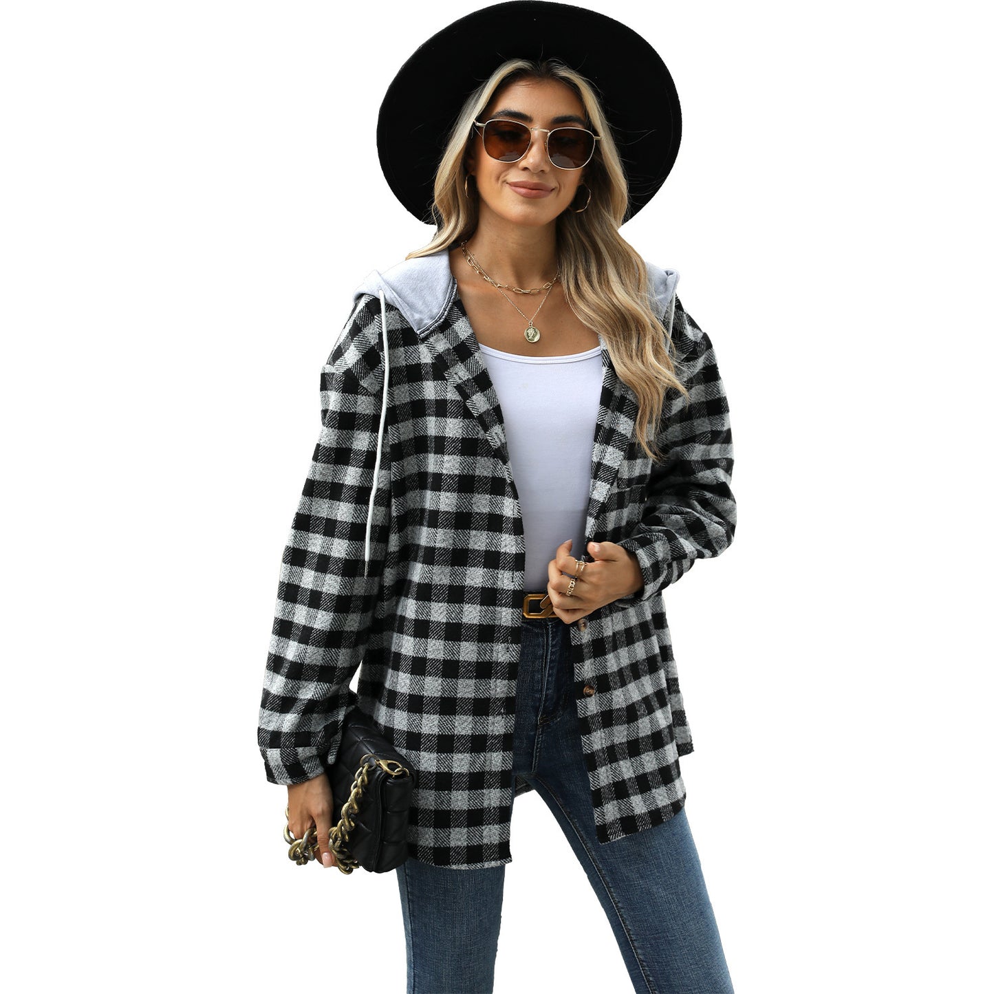 Women's Hooded Plaid Stitching Single-breasted Jacket