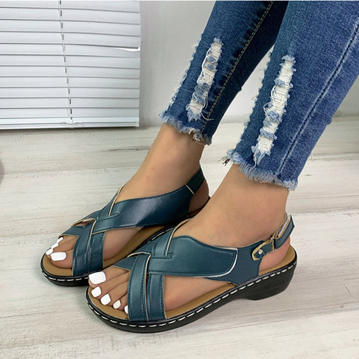 Ethnic Style Flower Frint Sandals Women Low Heel Velcro Beach Shoes Summer