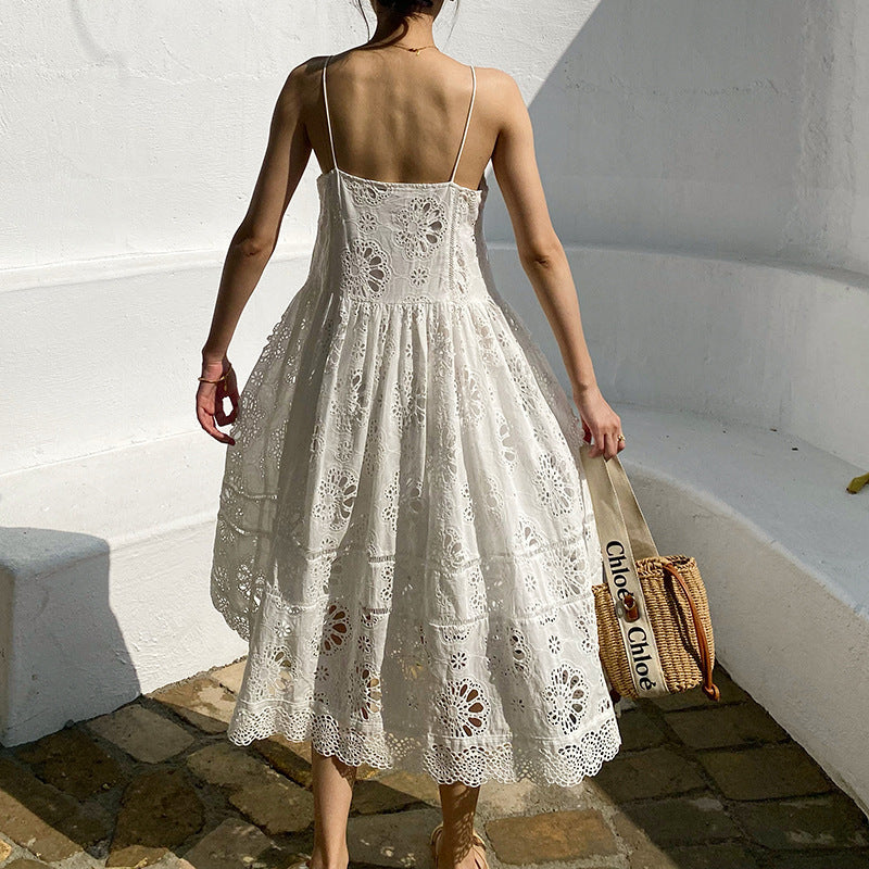 White Suspender Beach Embroidered Maxi Dress