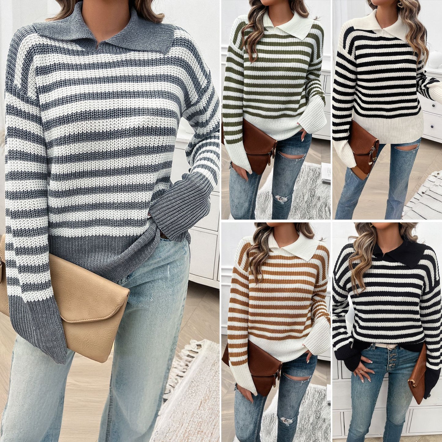 Top Women's Loose Lapels Striped Long Sleeve