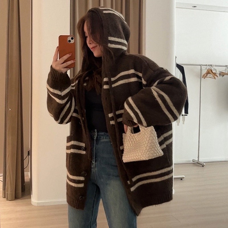 Fall Winter Hooded Striped Knitted Cardigan Women's Top Loose And Lazy Style Coat