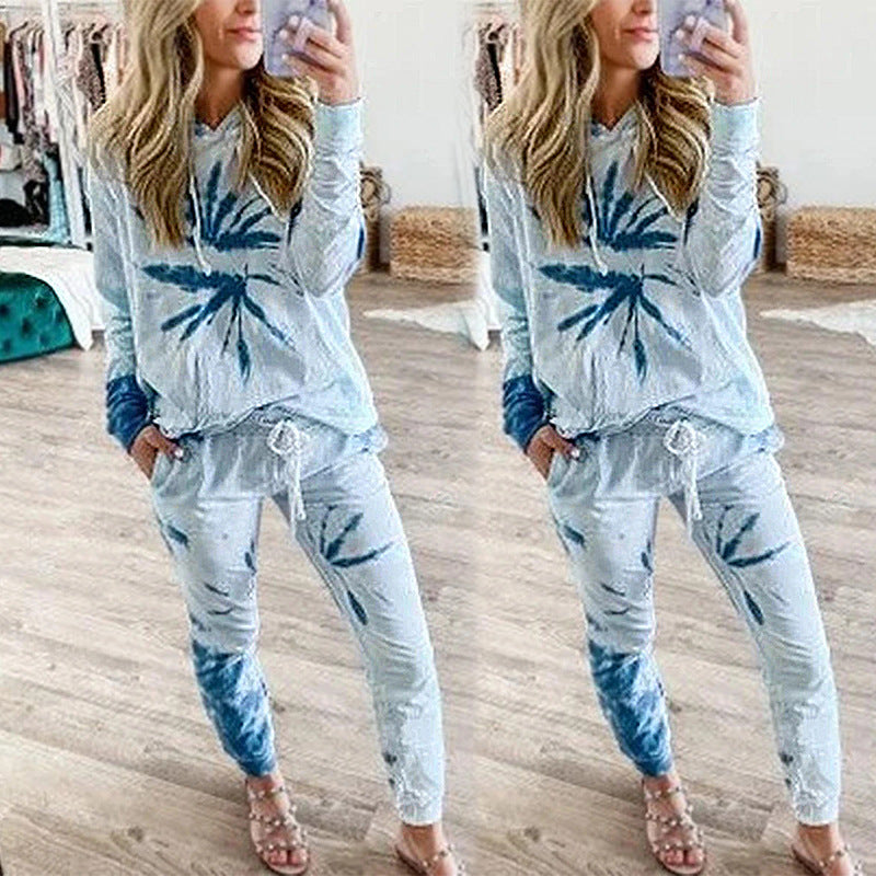 Tie-Dye Printed Long-Sleeved Hooded Casual Homewear Suit