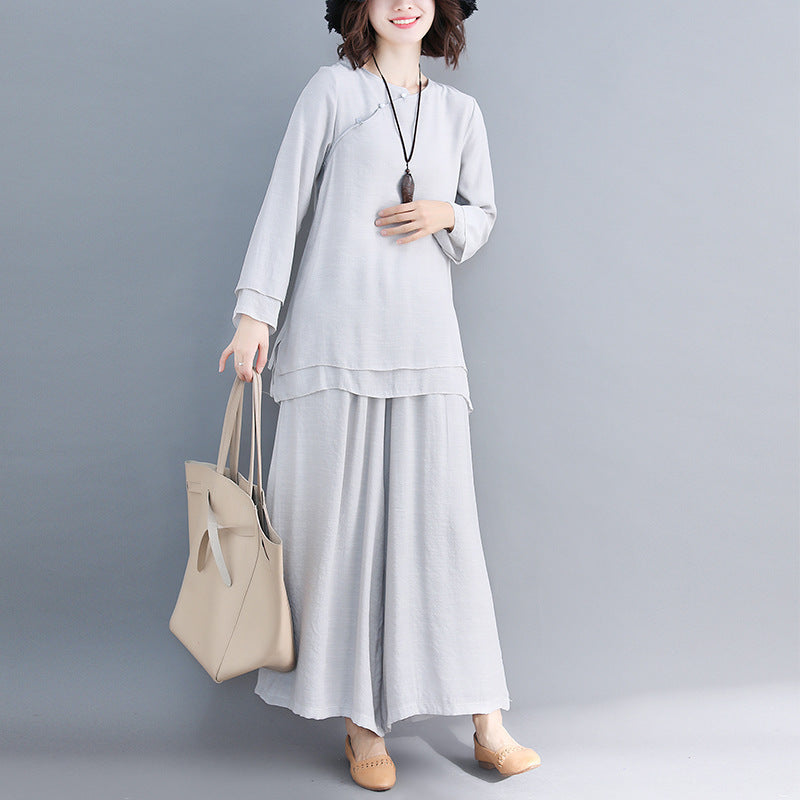 Women's Fashion Loose-fitting Long Sleeves Cotton And Linen Zen Clothes Two-piece Set