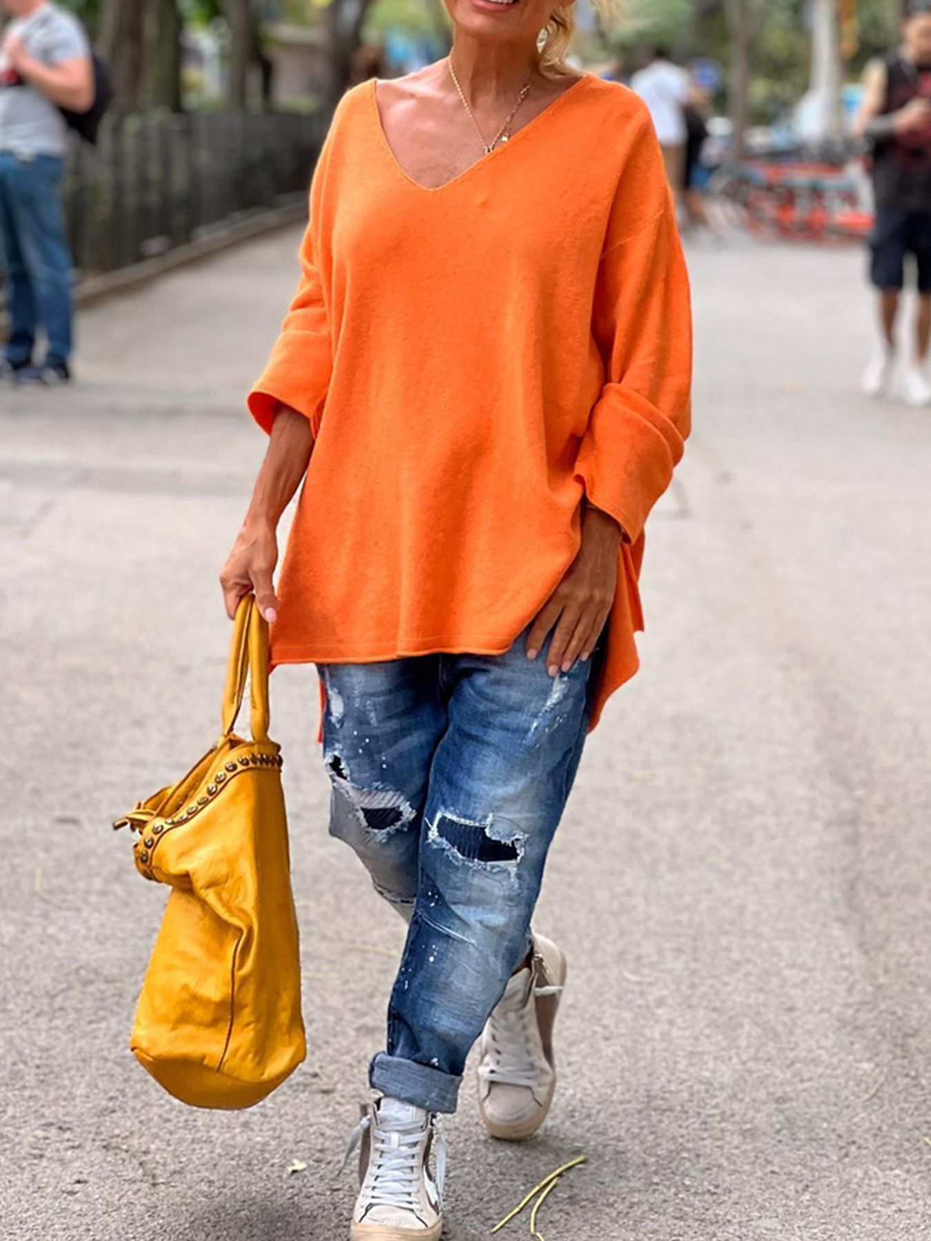 Solid Color And V-neck Long Sleeve Loose Casual Top