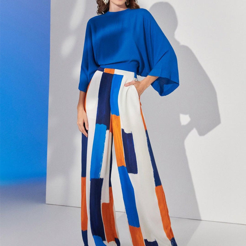 Blue Top High Waist Wide Leg Pants Suit