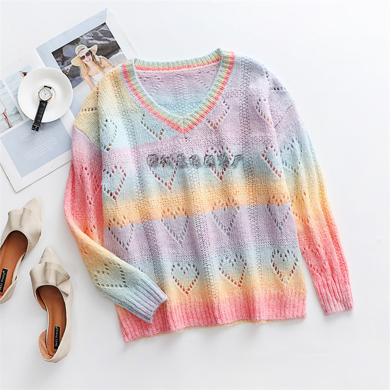 Printed Rainbow V-neck Pullover Women's Sweater